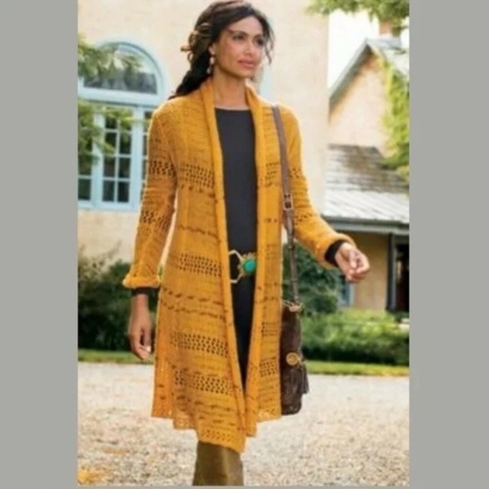 Soft Surroundings Mustard Longline Open Front Knit Wool Blend Duster